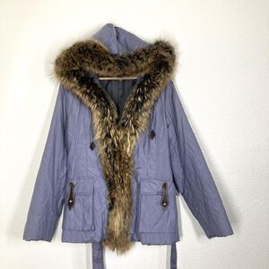 Fur Jacket Coat DuckSport Womens Medium Blue Hooded Raccoon Fur Trim Parka